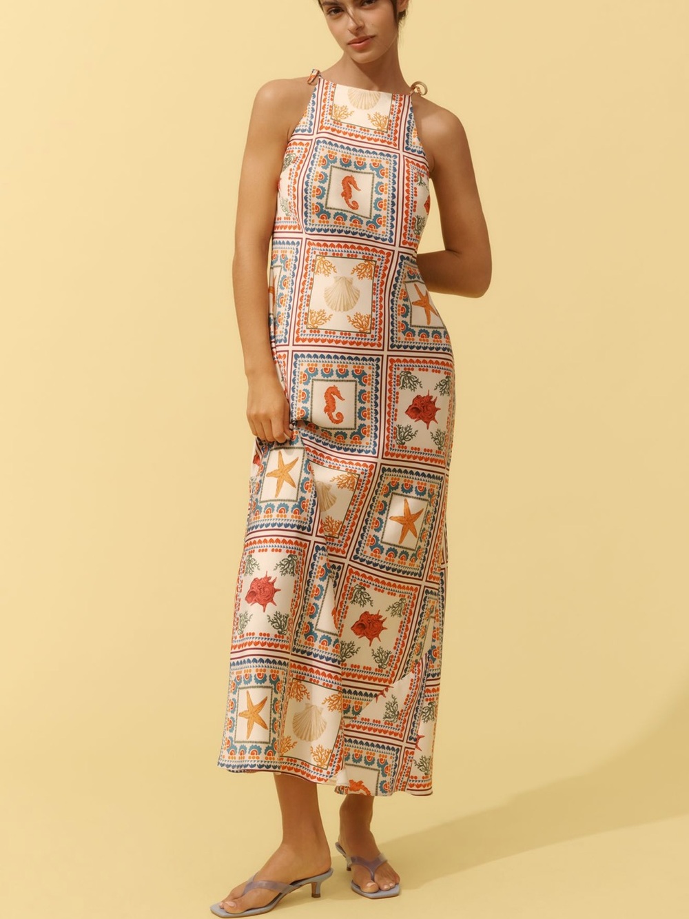 NWOT Anthropologie Nautical Print Tie Neck Column MIDI Dress